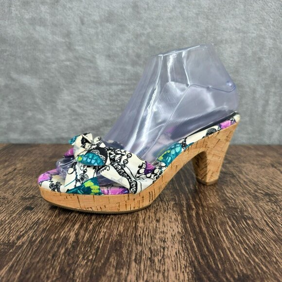 Coach Karen Heels Sandals 7 Y2K Colorful Butterfly Print Cork Bow Slide On Mules - Picture 1 of 13